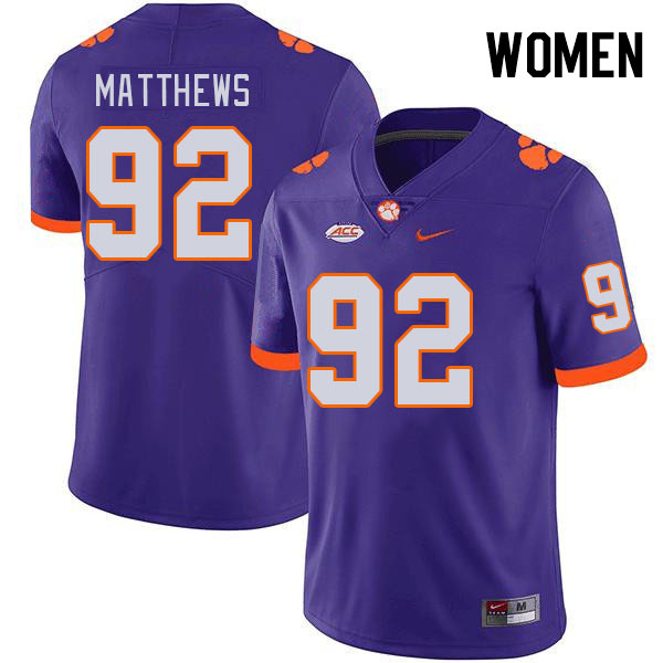 Women's Clemson Tigers Levi Matthews #92 College Purple NCAA Authentic Football Stitched Jersey 23WF30MK
